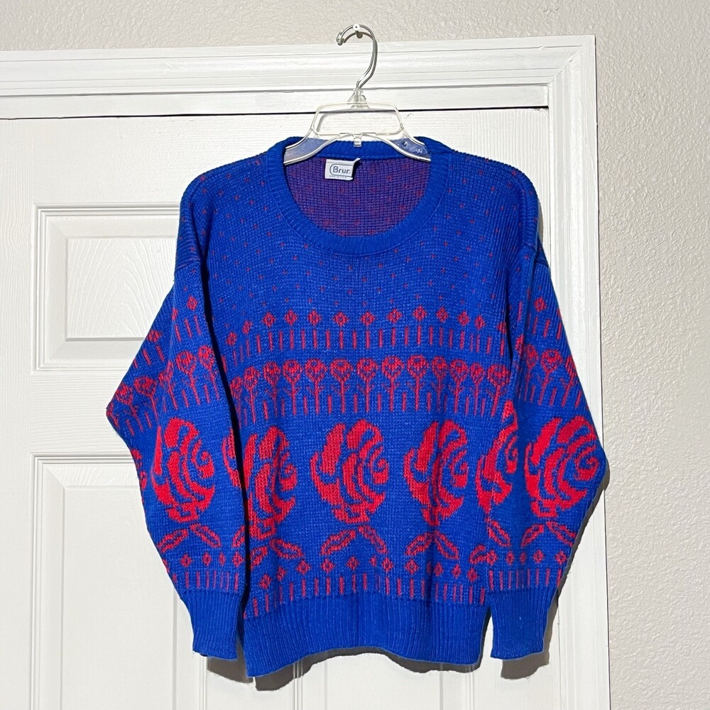 Vintage 90s Abstract Floral Fair Isle Flower Rose Knit Sweater Large Fairy Kei